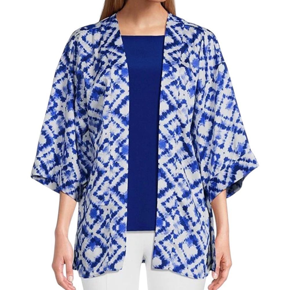 Slim Factor by Investments Royal Blue and White Tie Dye 3/4 Sleeve Kimono